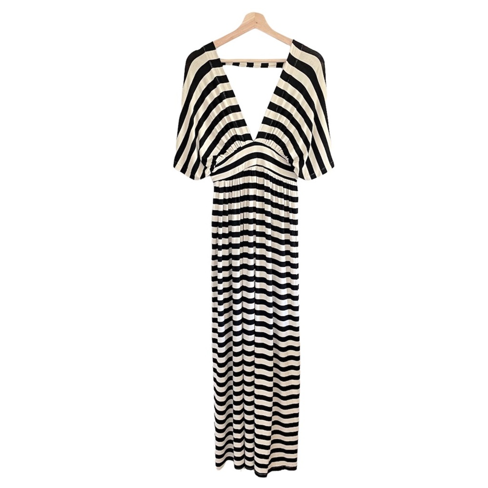 Anthropologie Corey Lynn Calter Deep V Kimono Maxi Dress Black Ivory Stripe XS